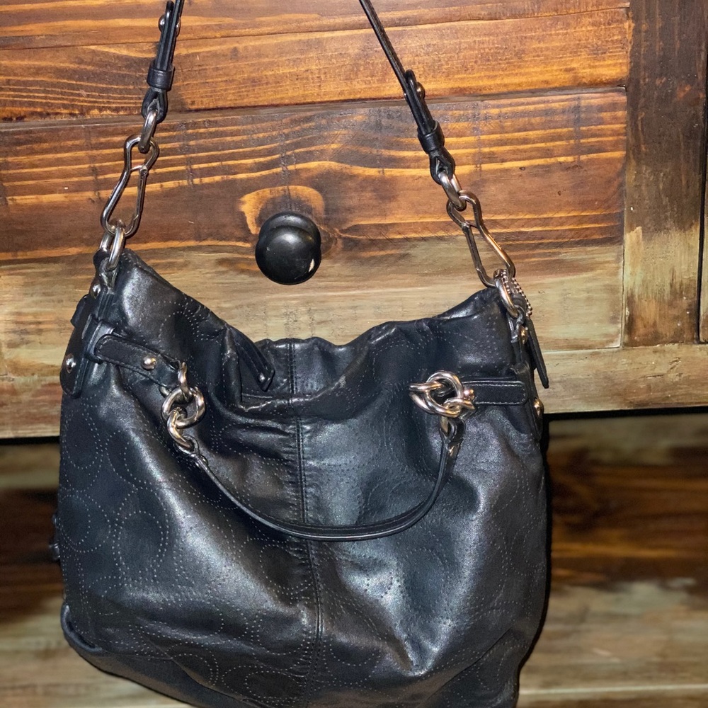 Coach Brook Med Perforated Black Leather Tote